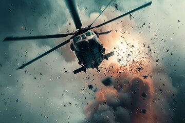 A military helicopter in action amidst a dramatic explosion, showcasing the intensity of the situation.