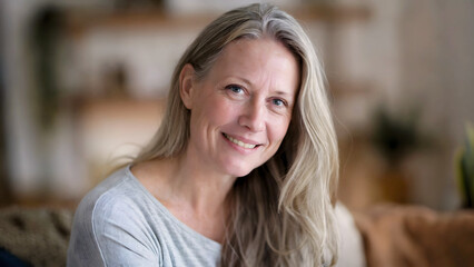 Obraz premium Cheerful Middle-Aged Woman with Long Blonde Hair Smiling Warmly in a Cozy, Blurred Background Setting