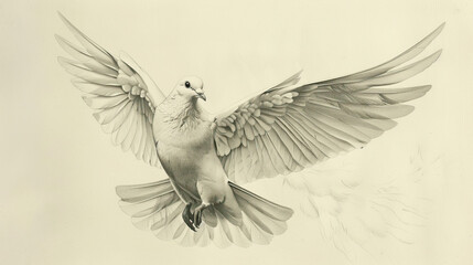 black and white sketch illustration of flying dove on clean painted background, peace symbol, Bird of Peace and kindness