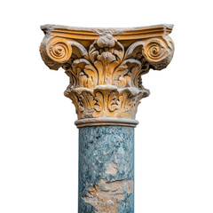 Ornate Corinthian column with intricate leaf decorations isolated on a transparent background