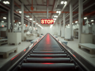 Halting the Flow: An Empty Factory's Conveyor Belt with a Red Stop Sign
