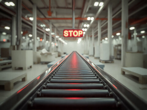 Halting the Flow: An Empty Factory's Conveyor Belt with a Red Stop Sign
