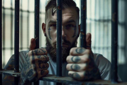 A man with intricate tattoos looks through the prison bars, his solemn expression highlighted by the stark lighting.