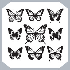 Butterfly silhouette icon, Silhouettes of butterflies. Black of funny butterflies. Insect butterfly black silhouette, Set of butterflies