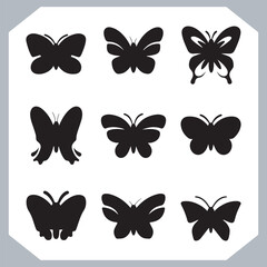 Butterfly silhouette icon, Silhouettes of butterflies. Black of funny butterflies. Insect butterfly black silhouette, Set of butterflies