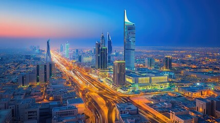 Fototapeta premium KAFD buildings in Riyadh at blue hour with glowing skyscrapers, modern architecture, city lights, futuristic skyline symbolizing innovation and progress in urban design. AI generated illustration.