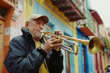 Obraz premium An elderly man plays a trumpet passionately on a vibrant street, creating an engaging and lively atmosphere with his music.