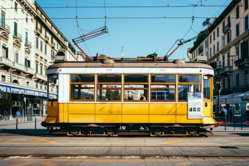 Fototapeta premium A vintage yellow tram makes its way through a bustling city street, flanked by historic buildings bathed in clear sunlight.
