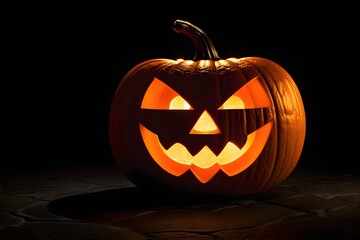 Large jack-o-lantern on stone floor with dark background