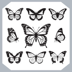 Butterfly silhouette icon, Silhouettes of butterflies. Black of funny butterflies. Insect butterfly black silhouette, Set of butterflies