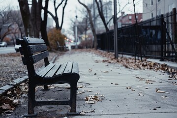 A quiet, empty park bench on a leaf-strewn sidewalk on a foggy morning, suggesting solitude and introspection in an urban setting.