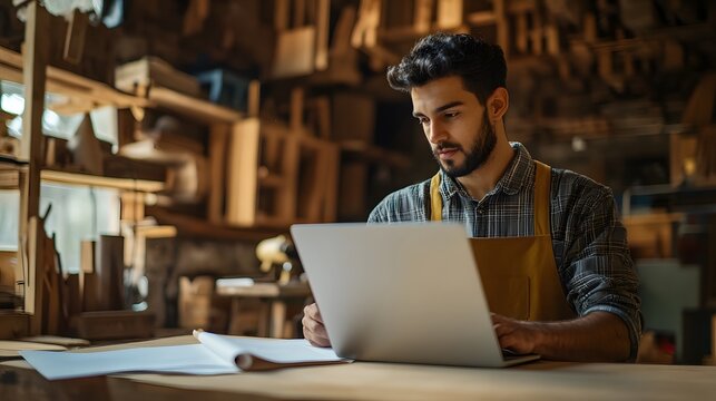 Young Man in a Workshop Using a Laptop Computer