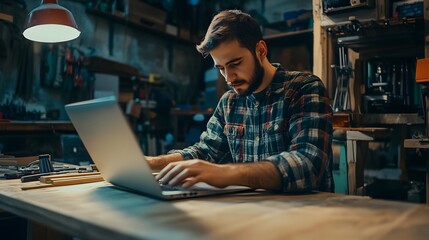 Fototapeta premium Bearded Man Working on Laptop in Workshop