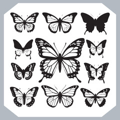 Butterfly silhouette icon, Silhouettes of butterflies. Black of funny butterflies. Insect butterfly black silhouette, Set of butterflies