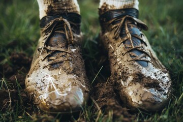 A pair of mud-covered soccer cleats on grass, showcasing the aftermath of an intense game.