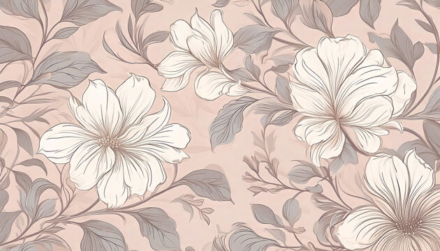 Seamless floral pattern with large white flowers and gray leaves creating an elegant and delicate design on a pink background