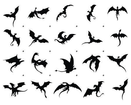 Set of Flying Dragon Silhouette 