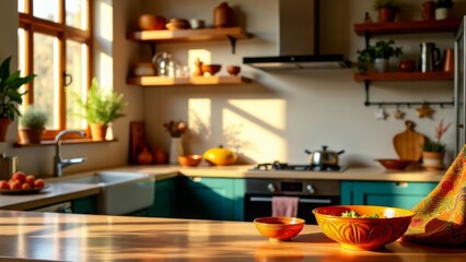 indian modern clean festive diwali kitchen, morning shot, sunlight, decorative kitchen in background with kitchen platform in front