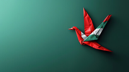 Dove with red green white color. Symbol of peace and support concept on green background,Vector From Origami Paper. Commemorating Worldwide Peace Day on the 21st of September. Suitable For Banners