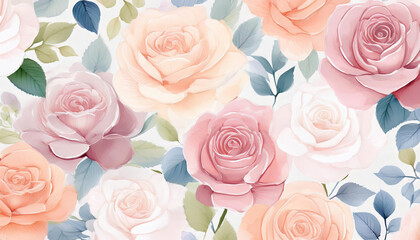 Fototapeta premium Beautiful floral background is featuring blooming roses and leaves in soft pastel colors