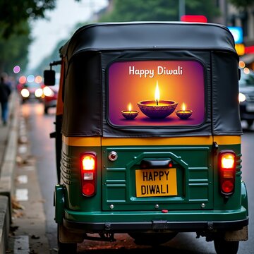 simple poster wishing happy Diwali in the back of an auto-rickshaw