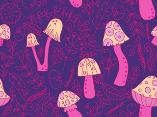 Cartoon autumn harvest seamless Halloween mushrooms pattern