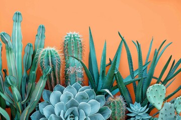 Fototapeta premium A vibrant collection of various cacti and succulents pops against a bright, orange background, showcasing nature's diversity.