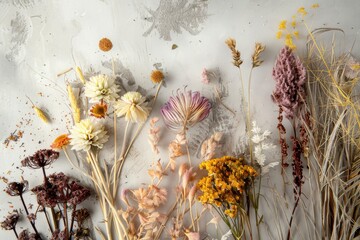 An artistic arrangement of dried flowers in various hues creates a delicate, natural collage against a light, textured background.
