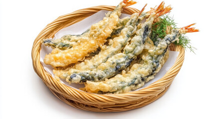 Obraz premium A basket of freshly fried tempura shrimp and vegetables, isolated on a white background.