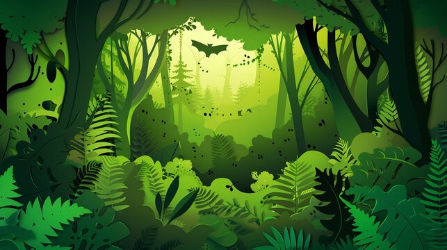 Paper cut out green forest scene with a bat and a tree silhouette in the distance. Concept of nature, wildlife, environment, ecology.