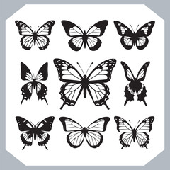 Butterfly silhouette icon, Silhouettes of butterflies. Black of funny butterflies. Insect butterfly black silhouette, Set of butterflies