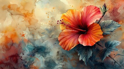  Red and orange flower on green leaves against a multicolored background