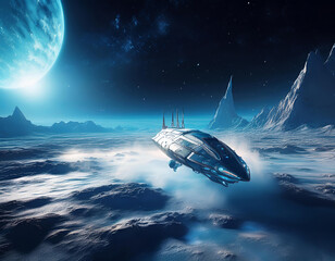 Obraz premium Futuristic spaceship is flying low over a snowy alien planet surface with mountains and a large planet in the background