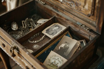 An old wooden chest filled with vintage photographs and jewelry, evoking a sense of nostalgia and history in a dimly lit room.