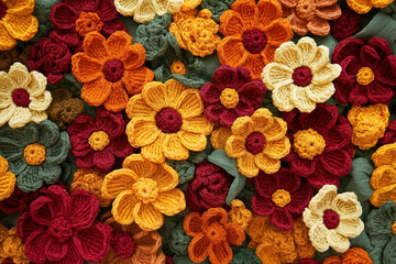 diverse crochet flowers in deep and vibrant hues on a dark background, ideal for creative projects and decor