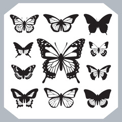 Butterfly silhouette icon, Silhouettes of butterflies. Black of funny butterflies. Insect butterfly black silhouette, Set of butterflies