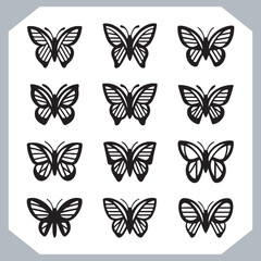 Butterfly silhouette icon, Silhouettes of butterflies. Black of funny butterflies. Insect butterfly black silhouette, Set of butterflies