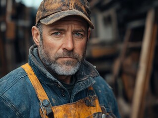 Fototapeta premium Bearded man wearing a hat in a warehouse