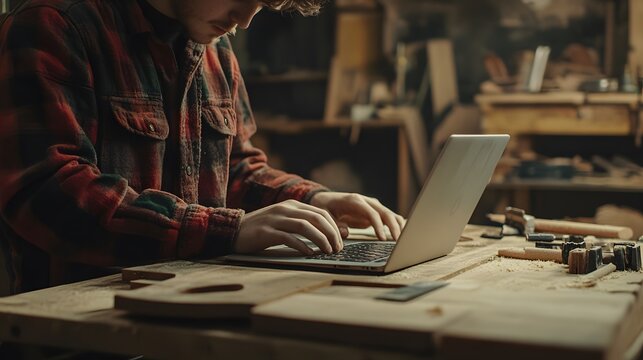 Carpenter Using Laptop in Workshop