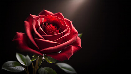 Fototapeta premium Red rose blooms elegantly in a soft spotlight against a black background, symbolizing love and passion. Perfect for romantic messages with copy space