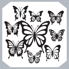 Butterfly silhouette icon, Silhouettes of butterflies. Black of funny butterflies. Insect butterfly black silhouette, Set of butterflies