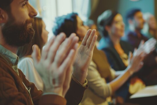 A close-up of a group of people attentively clapping during a formal indoor event, emphasizing engagement and appreciation.