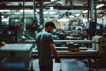 A man methodically working with machinery in a modern factory, symbolizing dedication and industrial innovation.