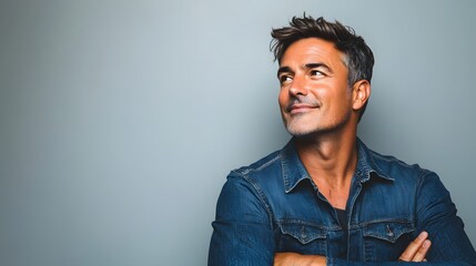 Obraz premium Portrait of a Man in a Denim Jacket Looking Upward