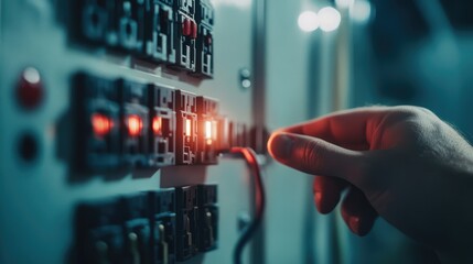 Resetting a circuit breaker in a household electrical panel, symbolizing power control, maintenance, safety, and electricity restoration with modern energy system design. AI generated illustration.