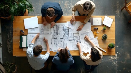 Four Individuals Reviewing Architectural Plans at a Table