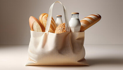 Reusable shopping bag overflowing with fresh bread and bottles of milk is standing on a neutral background
