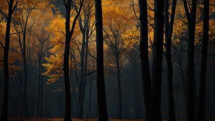 Golden Autumn Landscape on Black Matte Background