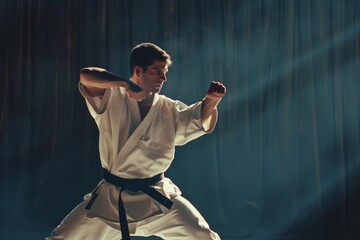 A martial artist in a white karate uniform strikes a powerful pose on a dimly lit stage.