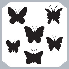 Butterfly silhouette icon, Silhouettes of butterflies. Black of funny butterflies. Insect butterfly black silhouette, Set of butterflies